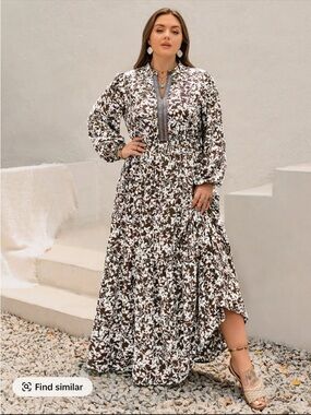 Brown and White Floral Maxi Dress with Smocked Waist and V-Neck Trim